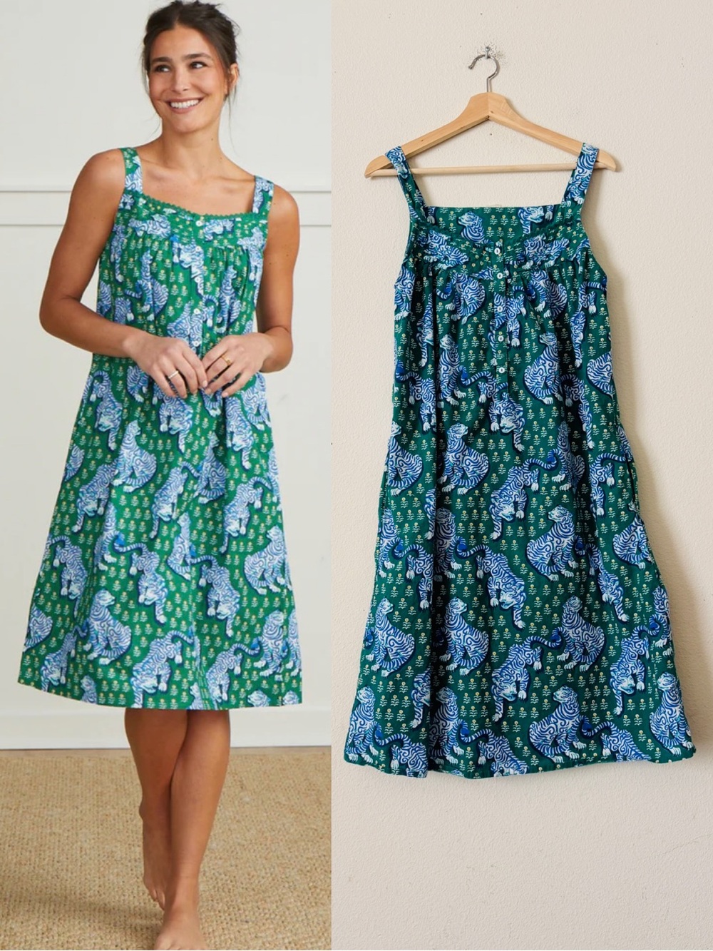 Printfresh MEDIUM 100% organic cotton Back to Bed Nightgown in Tiger Queen green
